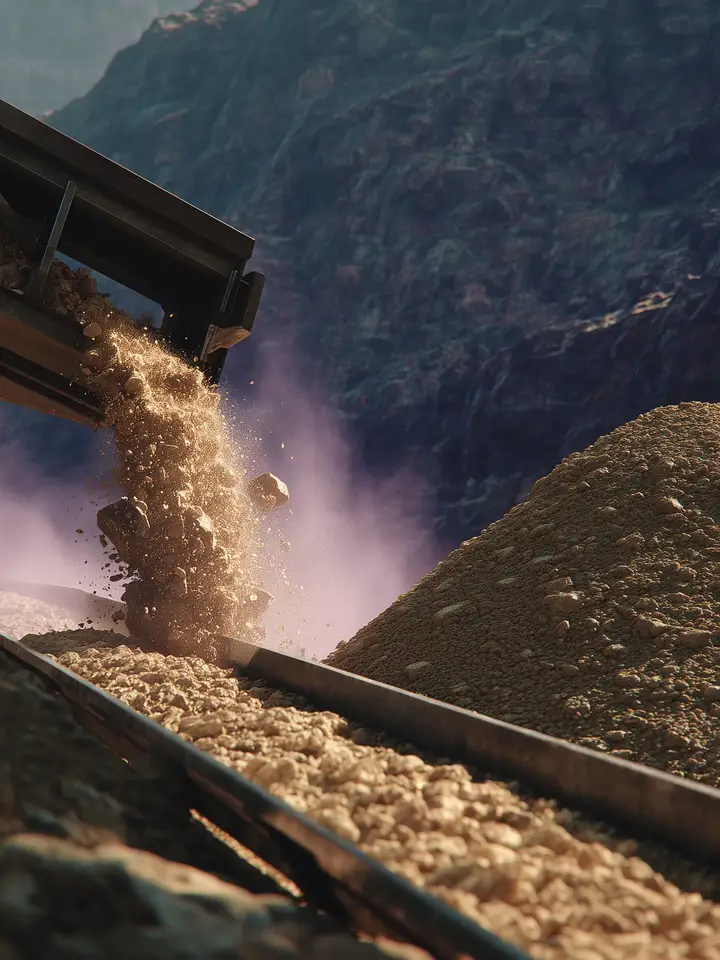 Close-up of conveyor discharging crushed aggregate into a stockpile