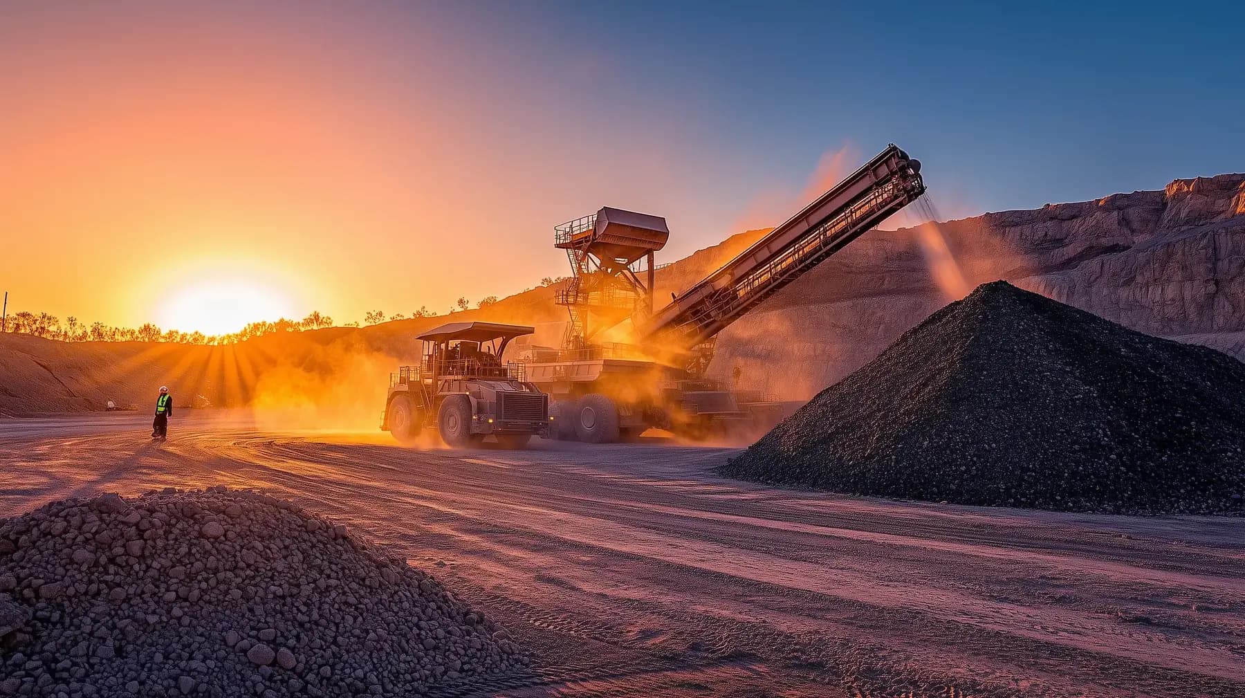 Wide cinematic shot of a multi-stage mobile crushing circuit at dawn